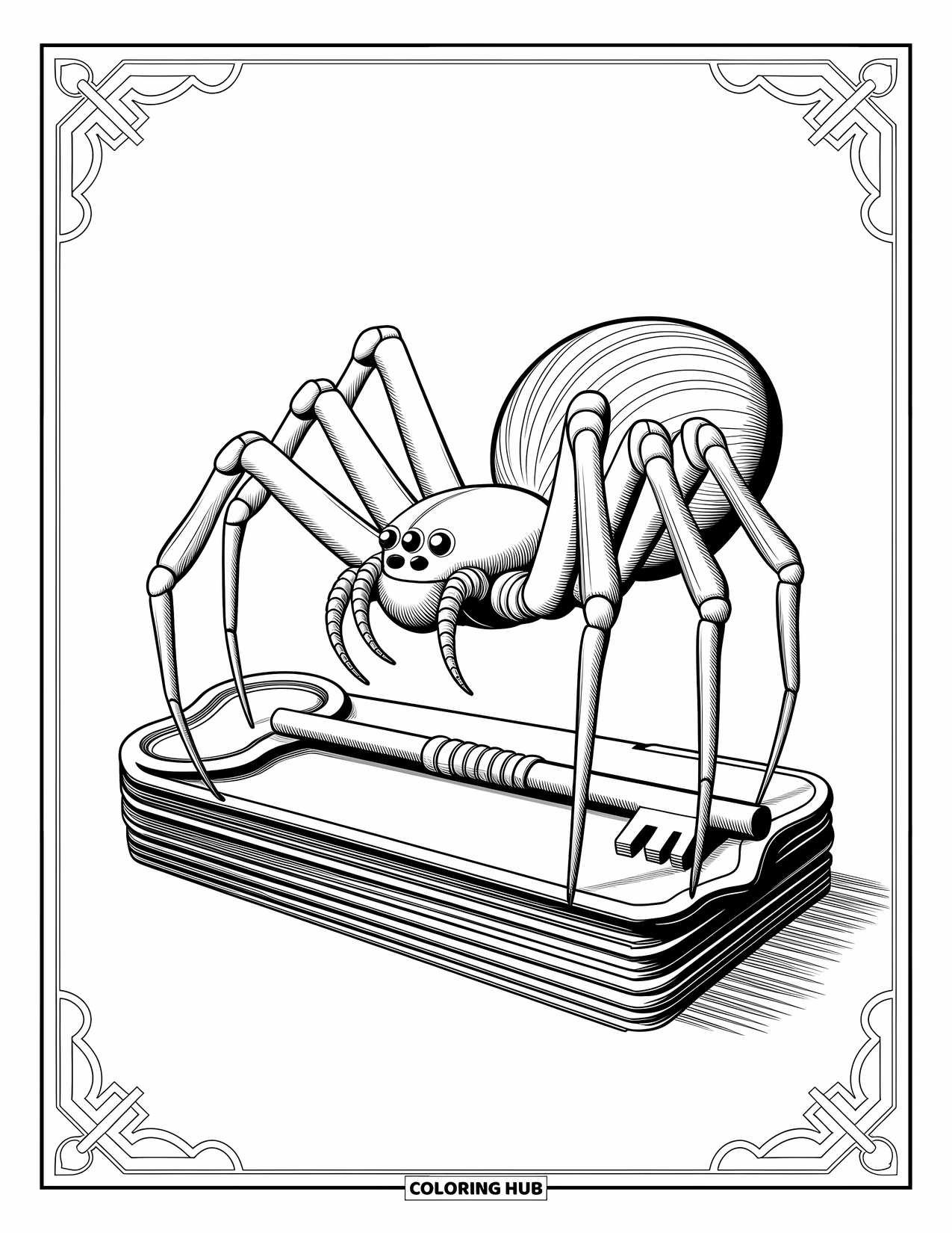 Spinnen-Ausmalbild für Erwachsene: Eine elegante Spinne sitzt zwischen antiken Schlüsseln, umrahmt von fließenden, zarten Designs.