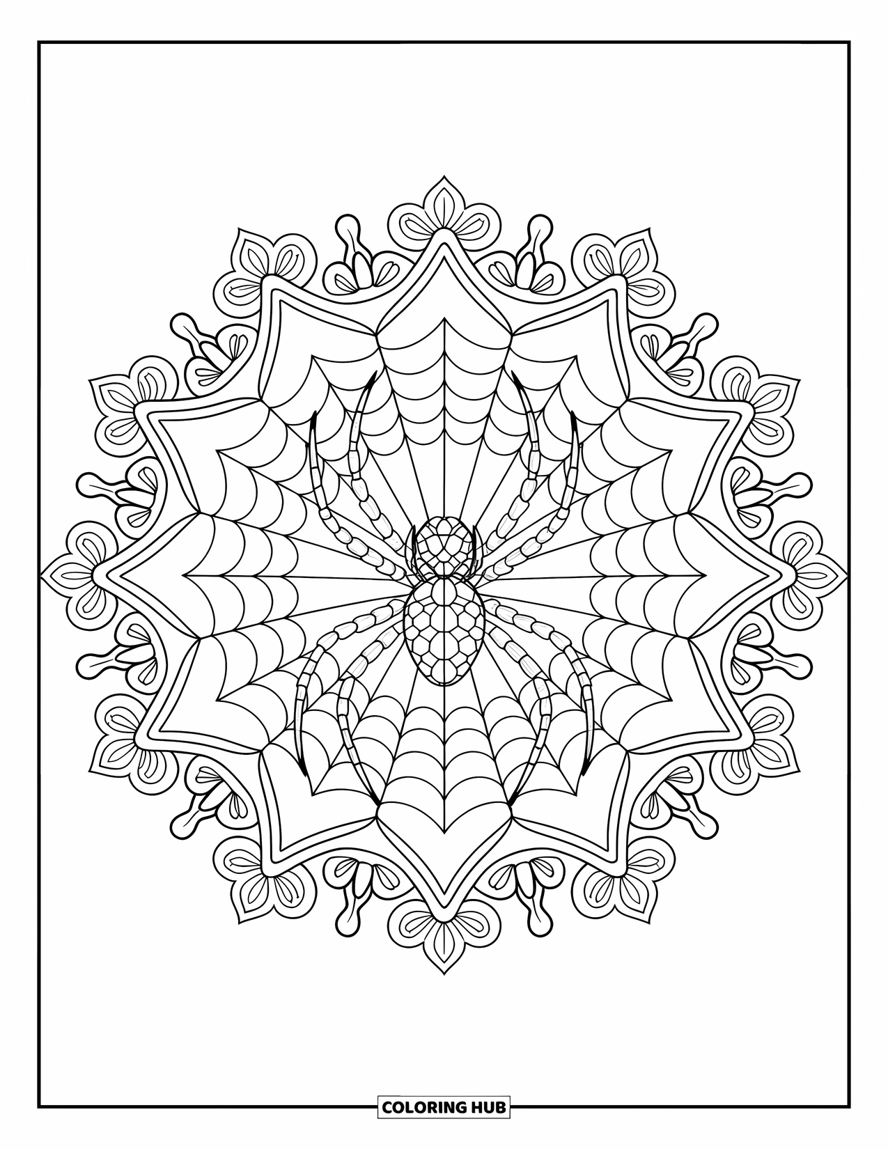 Spinnen-Ausmalbild für Erwachsene: Eine Radnetzspinne liegt in einem gemusterten Netz, wobei sich Blumen nach außen ausbreiten.