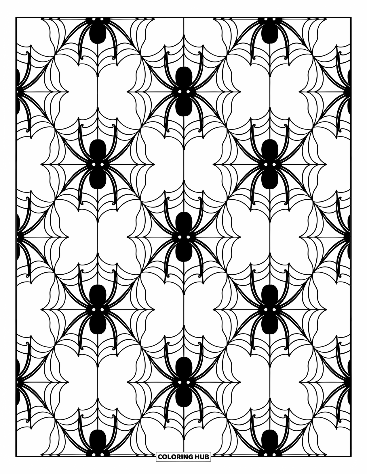 Spinnen-Ausmalbild für Erwachsene: Mehrere Spinnen verbinden sich durch kreisförmige Netze voller weicher, fließender Designs.