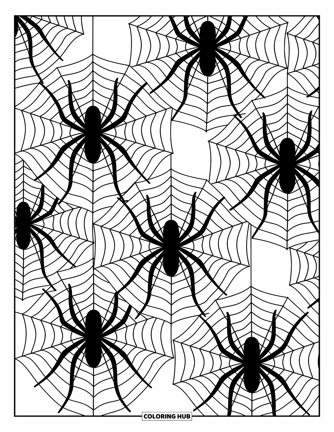 Spinnen-Ausmalbild für Erwachsene: Spinnen verbinden sich über geschichtete Netze aus überlappenden Kreisen und sanften Mustern.