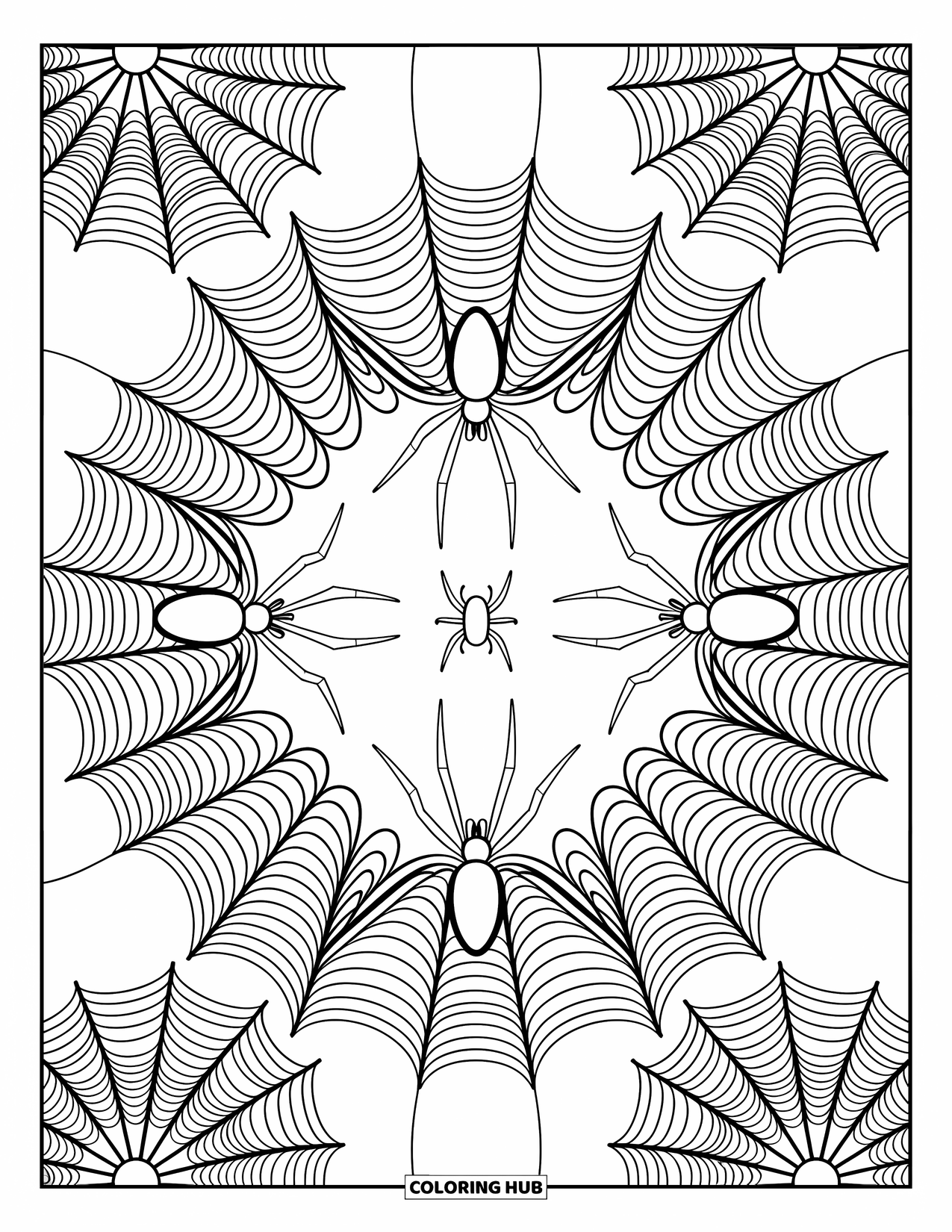 Spinnen-Ausmalbild für Erwachsene: Spinnen ruhen in überlappenden Netzen, umgeben von sanften Kurven und friedlichen Details.