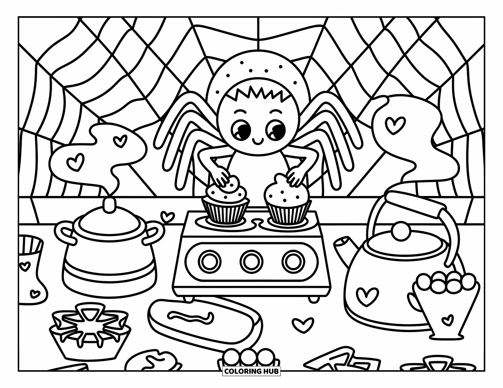 Spinnen-Ausmalbild für Erwachsene: Diese fröhliche Spinne zaubert Leckereien in einer netzartigen Ecke voller bezaubernder Backmagie.