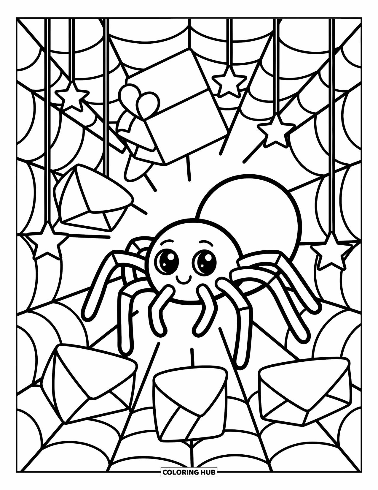 Spinnen-Ausmalbild für Erwachsene: Diese süße Spinne erkundet ein verträumtes Netz aus Sternen, gefalteten Herzen und baumelnden Notizen.