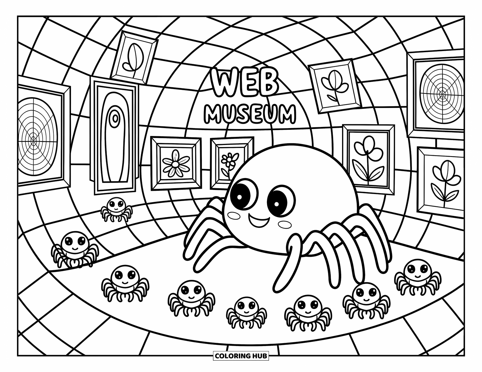 Spinnen-Ausmalbild für Erwachsene: Winzige Spinnen erkunden ein charmantes Netzmuseum voller Seidenkunst und Blumenausstellungen.
