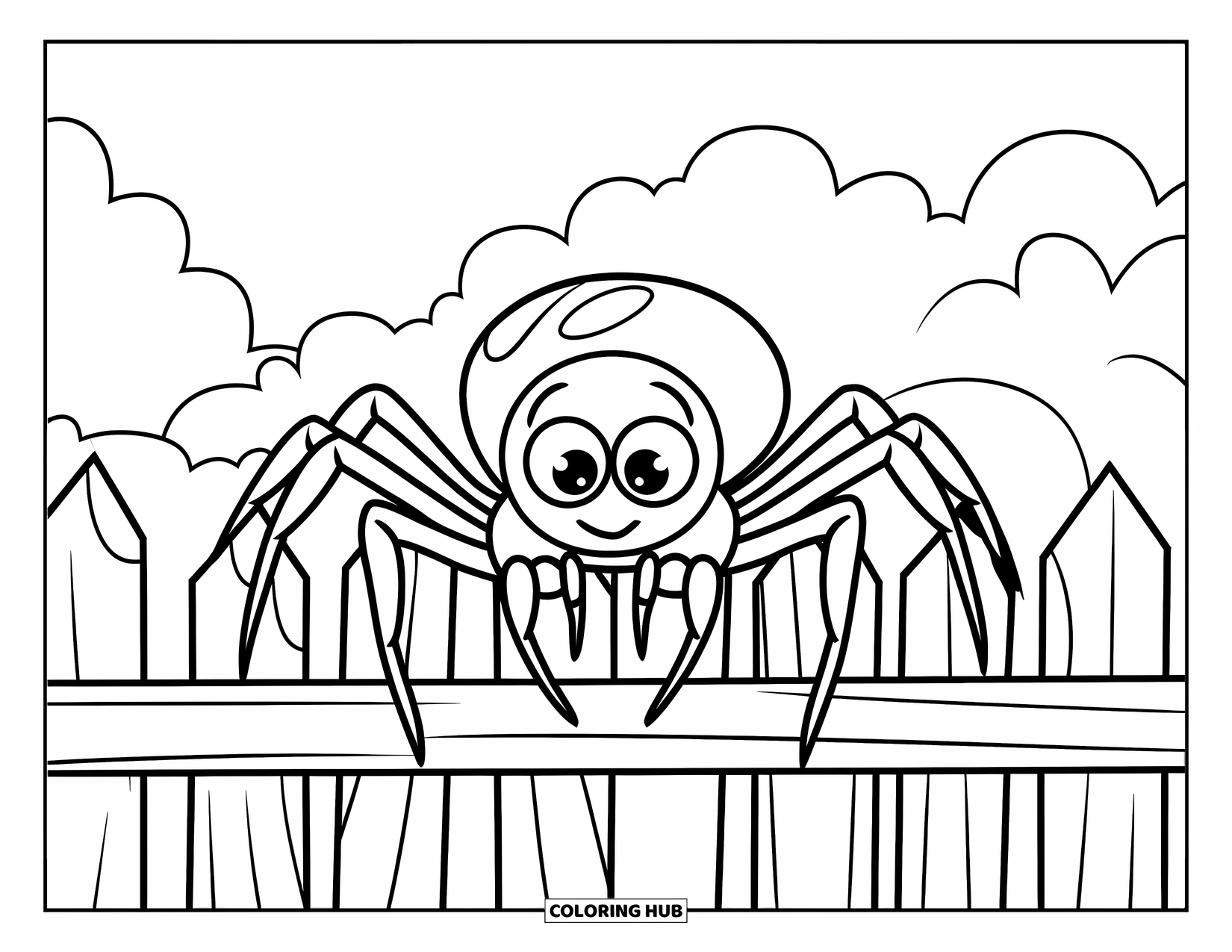 Spinnen-Ausmalbild für Kinder: Eine fröhliche Spinne klammert sich an einen Holzzaun unter flauschigen Wolken und einem strahlenden Himmel