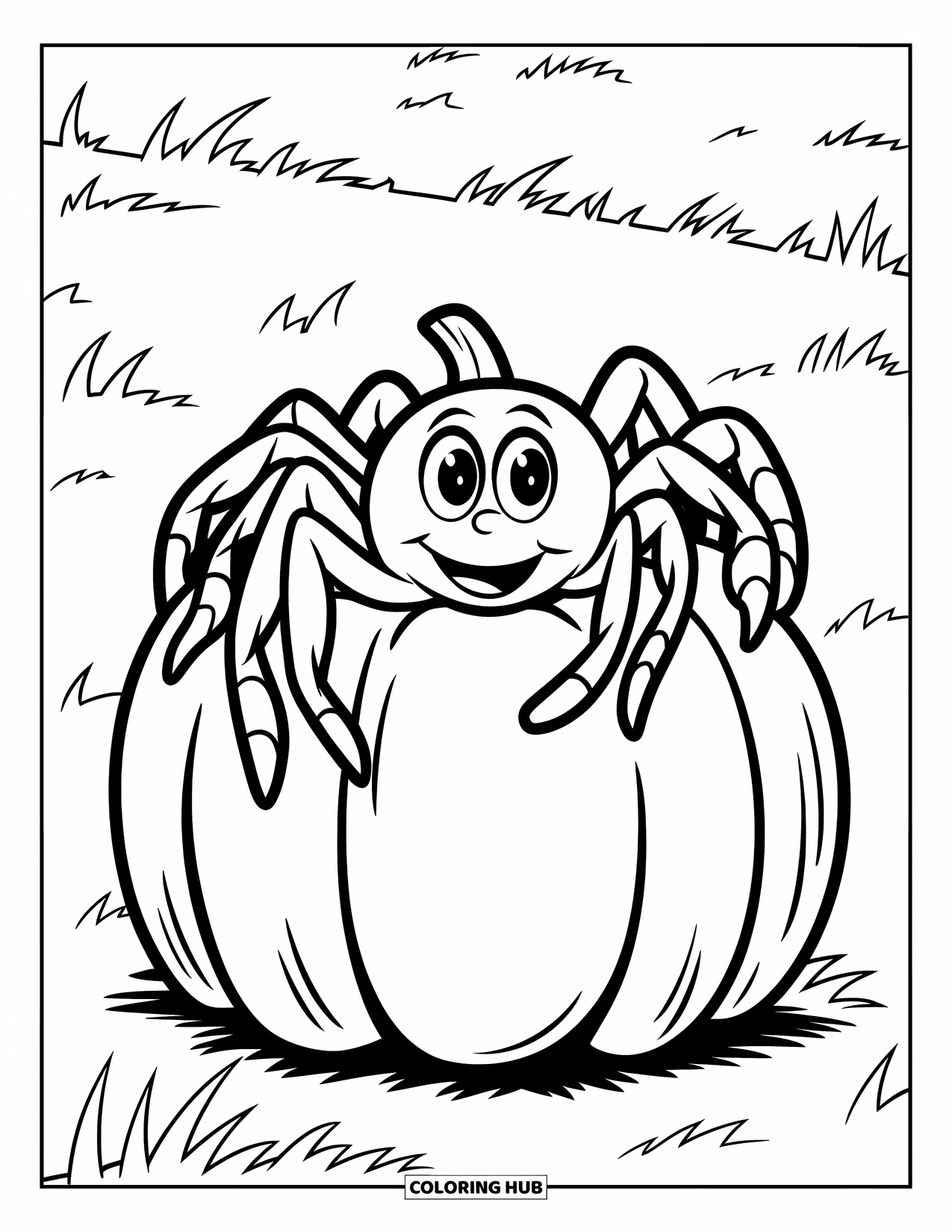 Spinnen-Ausmalbild für Kinder: Eine fröhliche Spinne hält sich an einem Kürbis fest, der in einem grasbewachsenen Feld ruht