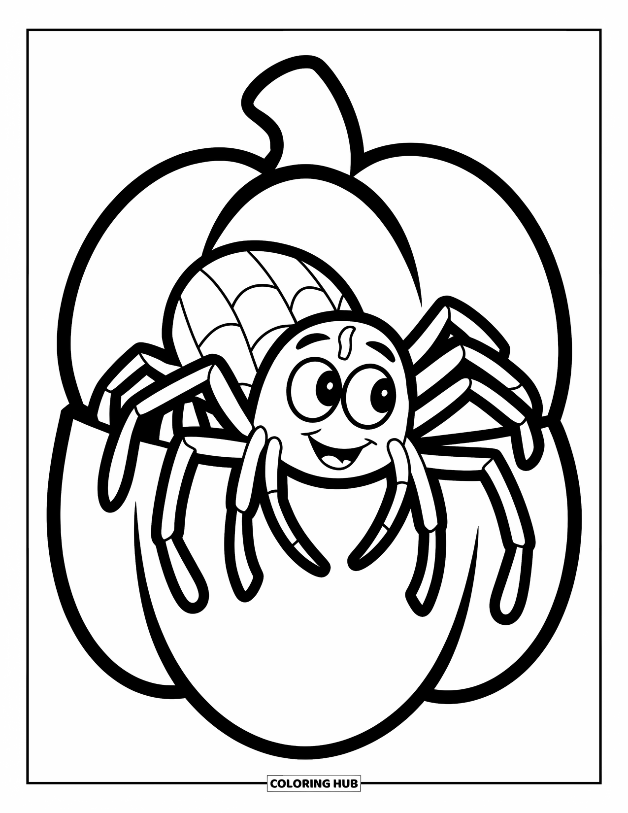Spinnen-Ausmalbild für Kinder: Eine fröhliche Spinne mit großen Augen krabbelt über einen Kürbis mit einem runden Stiel