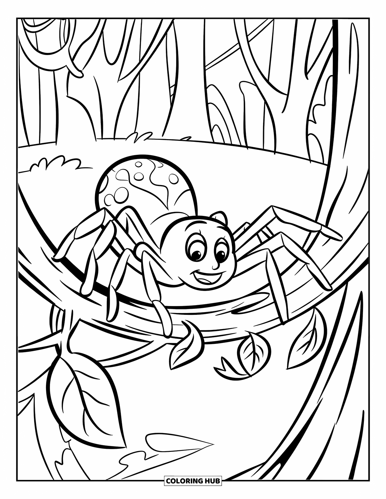 Spinnen-Ausmalbild für Kinder: Eine neugierige Spinne läuft auf einer belaubten Ranke entlang, die um einen Waldbaum gewickelt ist