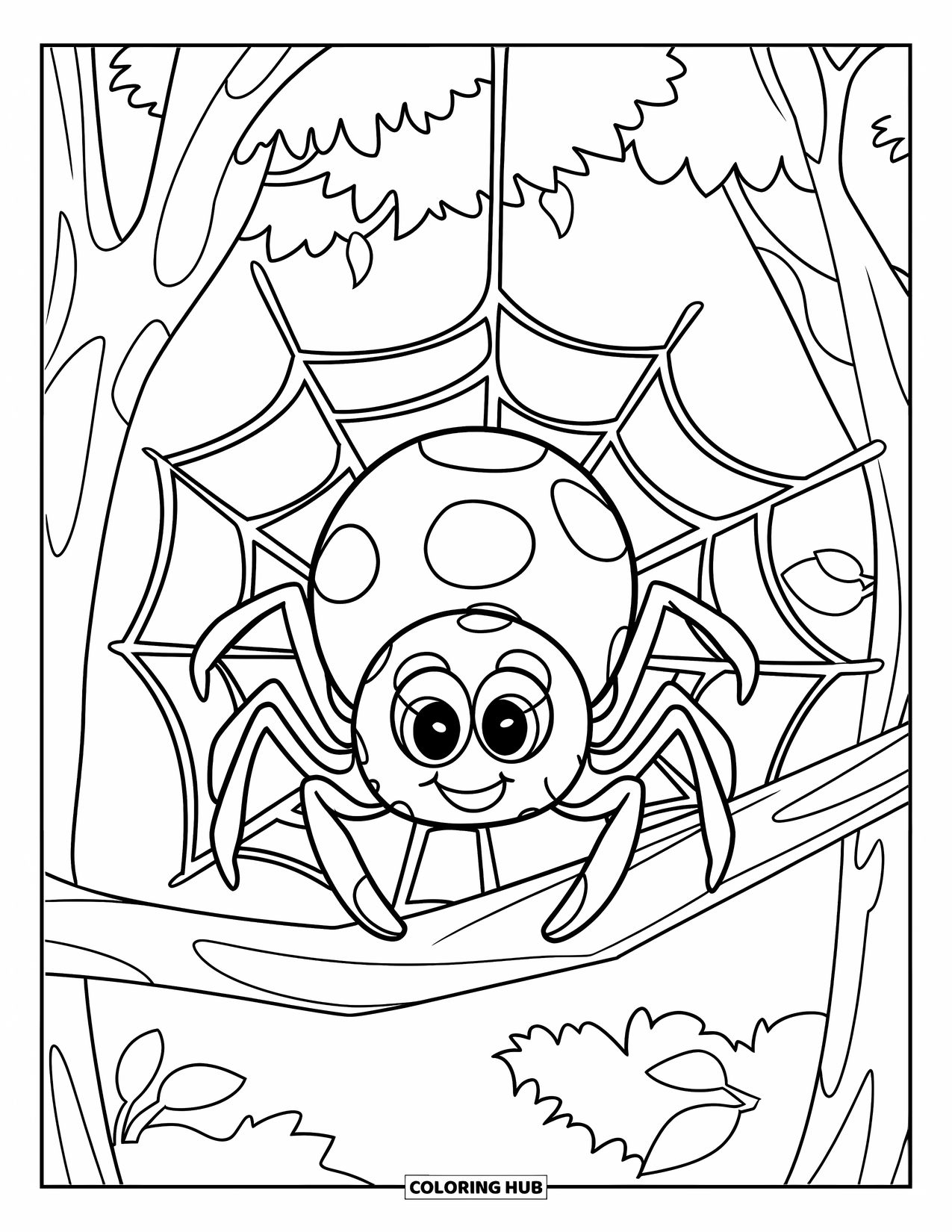 Spinnen-Ausmalbild für Kinder: Eine niedliche Radnetzspinne spinnt ein rundes Netz zwischen Bäumen mit belaubten Ästen