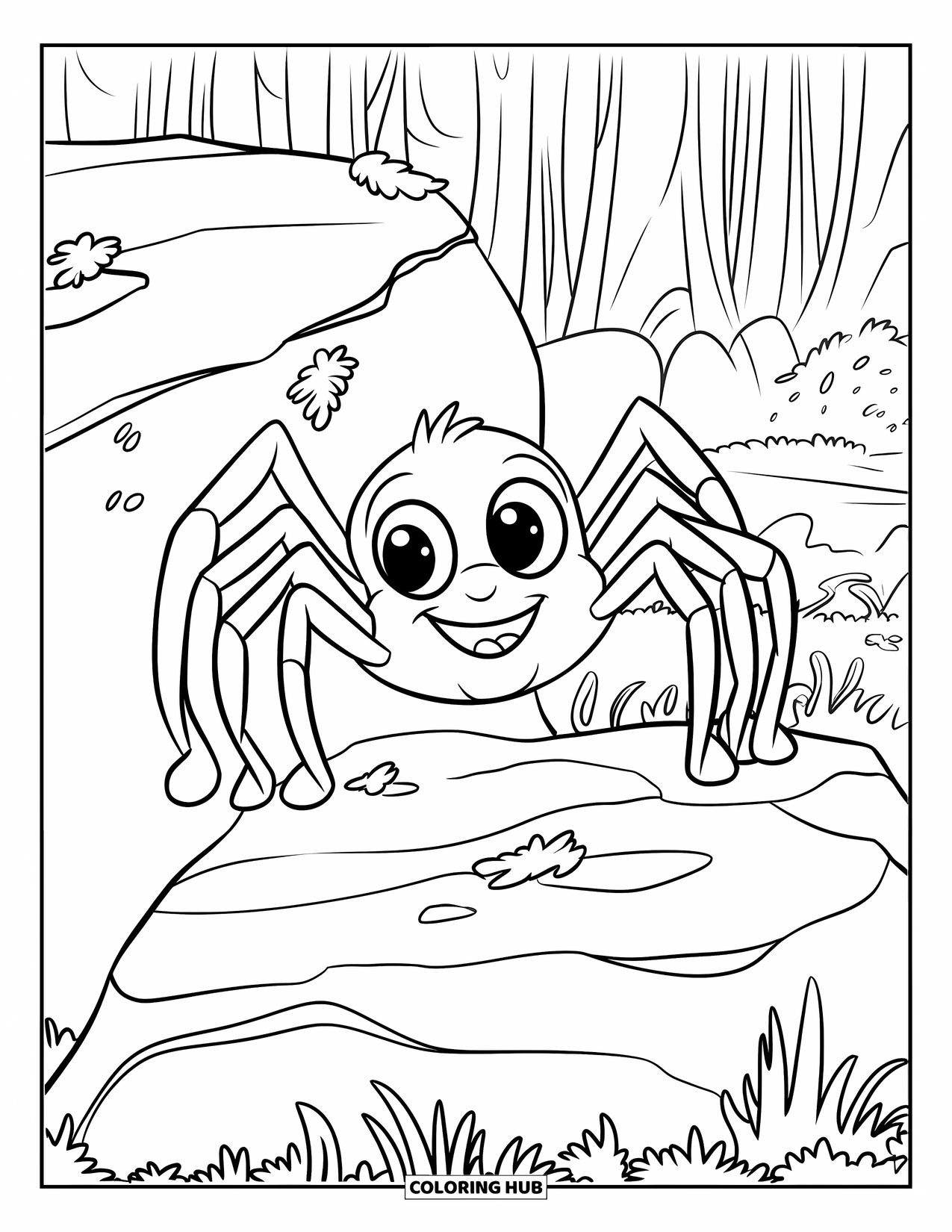 Spinnen-Ausmalbild für Kinder: Eine süße Spinne späht hinter einem Felsen mit Flechten in einem ruhigen Wald hervor