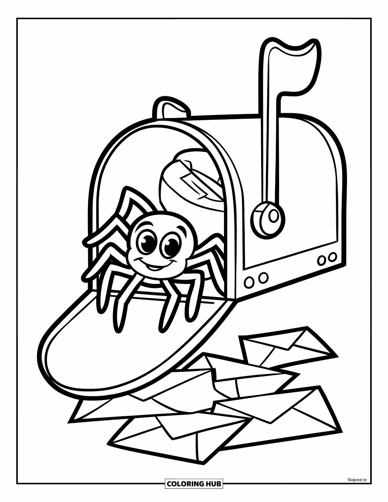 Spinnen-Ausmalbild für Kinder: Eine süße Spinne späht aus einem Briefkasten hervor, auf dem Briefe auf dem Boden verstreut sind