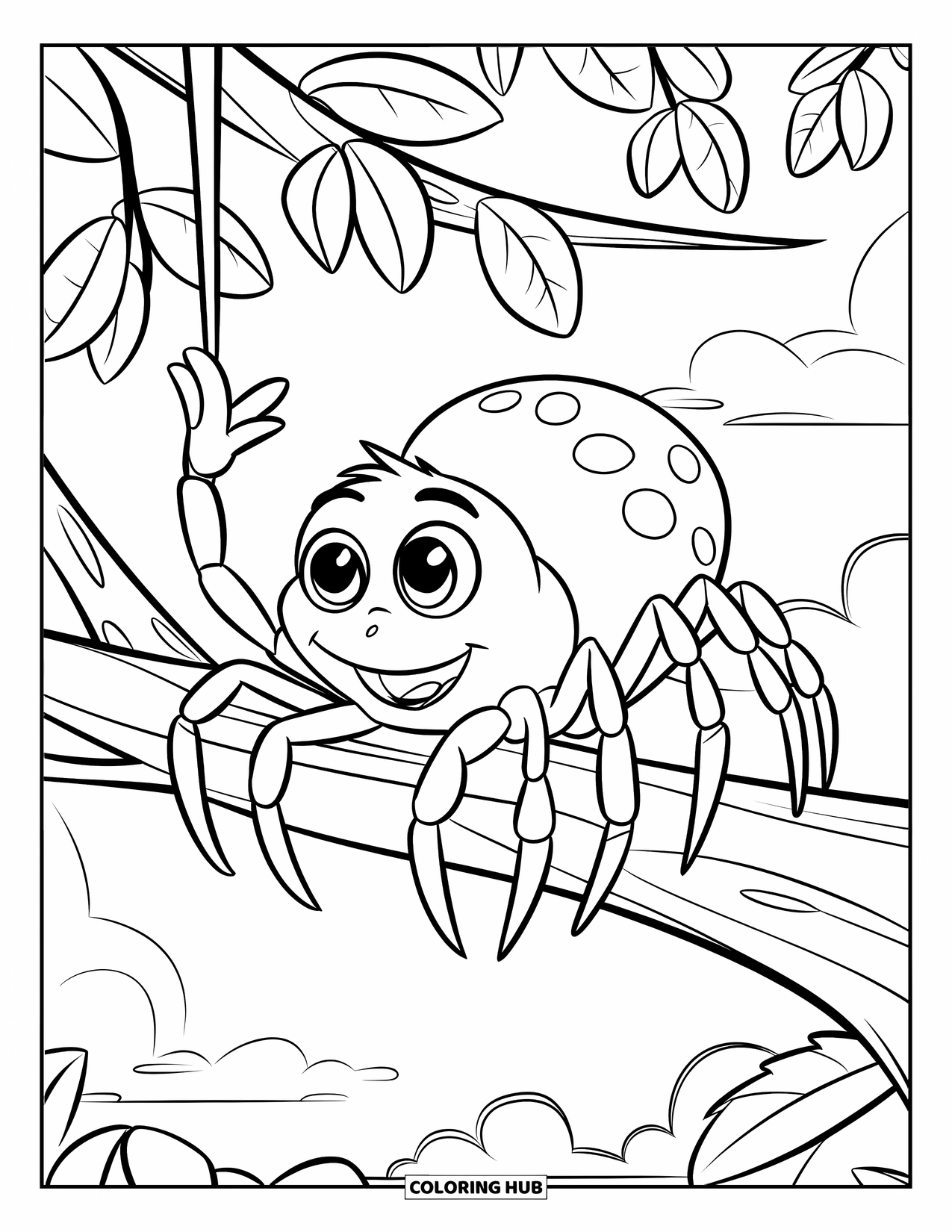 Spinnen-Ausmalbild für Kinder: Eine süße Spinne mit großen Augen winkt von einem belaubten Ast