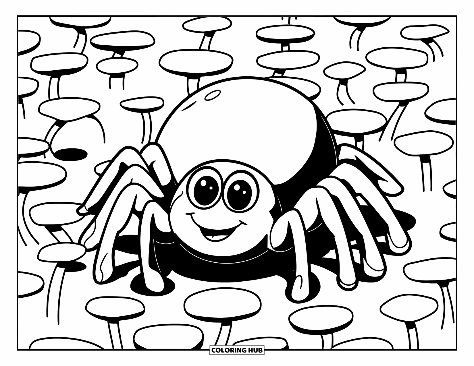 Spinnen-Ausmalbild für Kinder: Eine süße Spinne mit kurzen Beinen lächelt, während sie auf runden Blumen in einem Feld sitzt