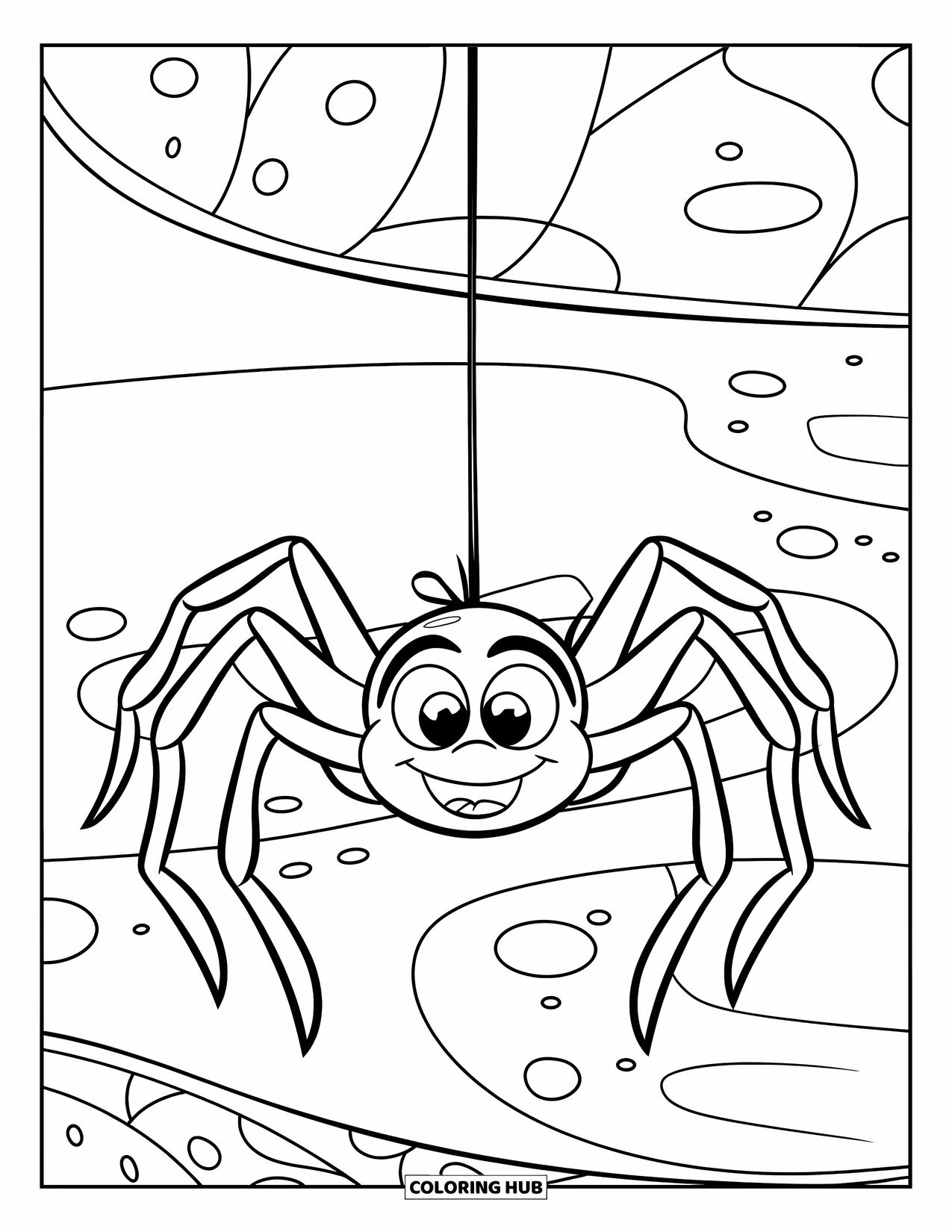 Spinnen-Ausmalbild für Kinder: Eine freundliche Spinne mit großen Augen hängt an einem einzelnen Faden von der Decke