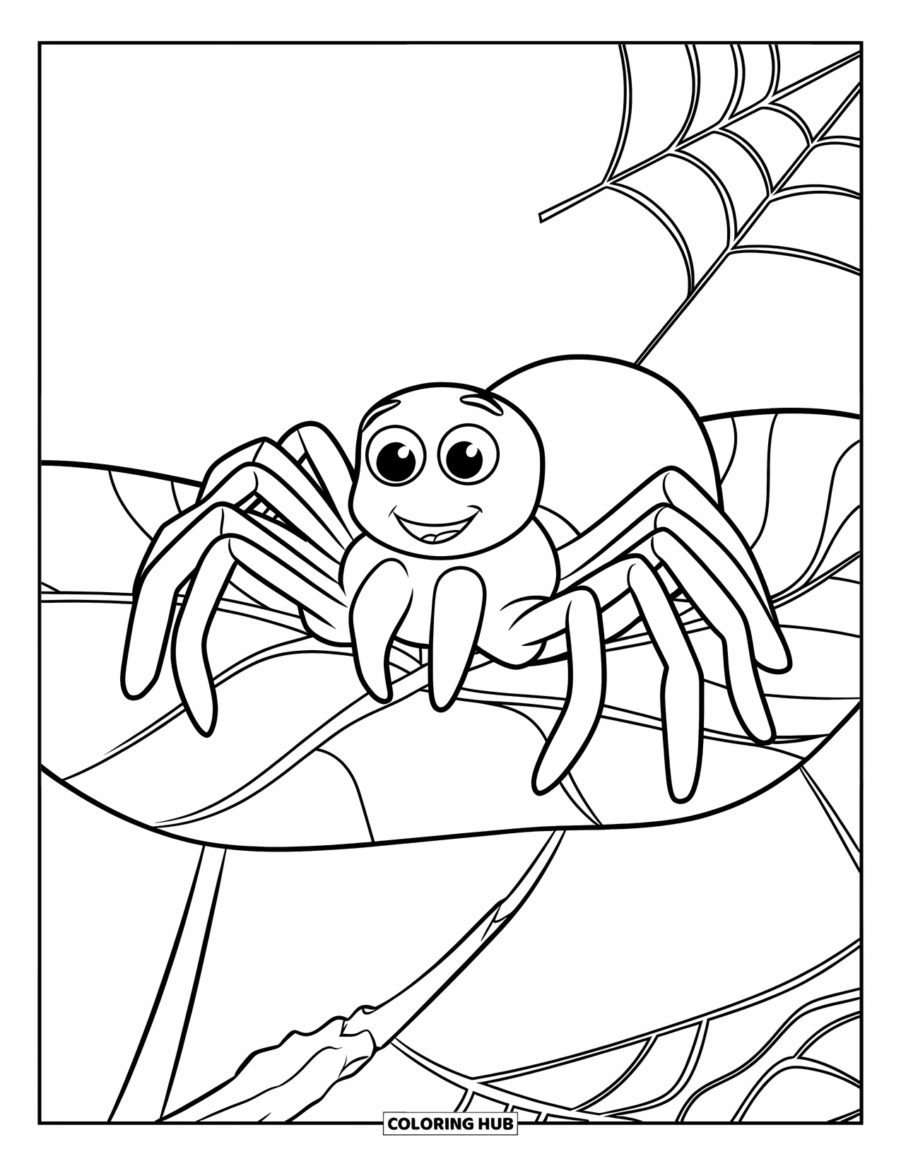 Spinnen-Ausmalbild für Kinder: Eine freundliche Spinne mit großen Augen sitzt auf einem Blatt und hält einen seidenen Faden