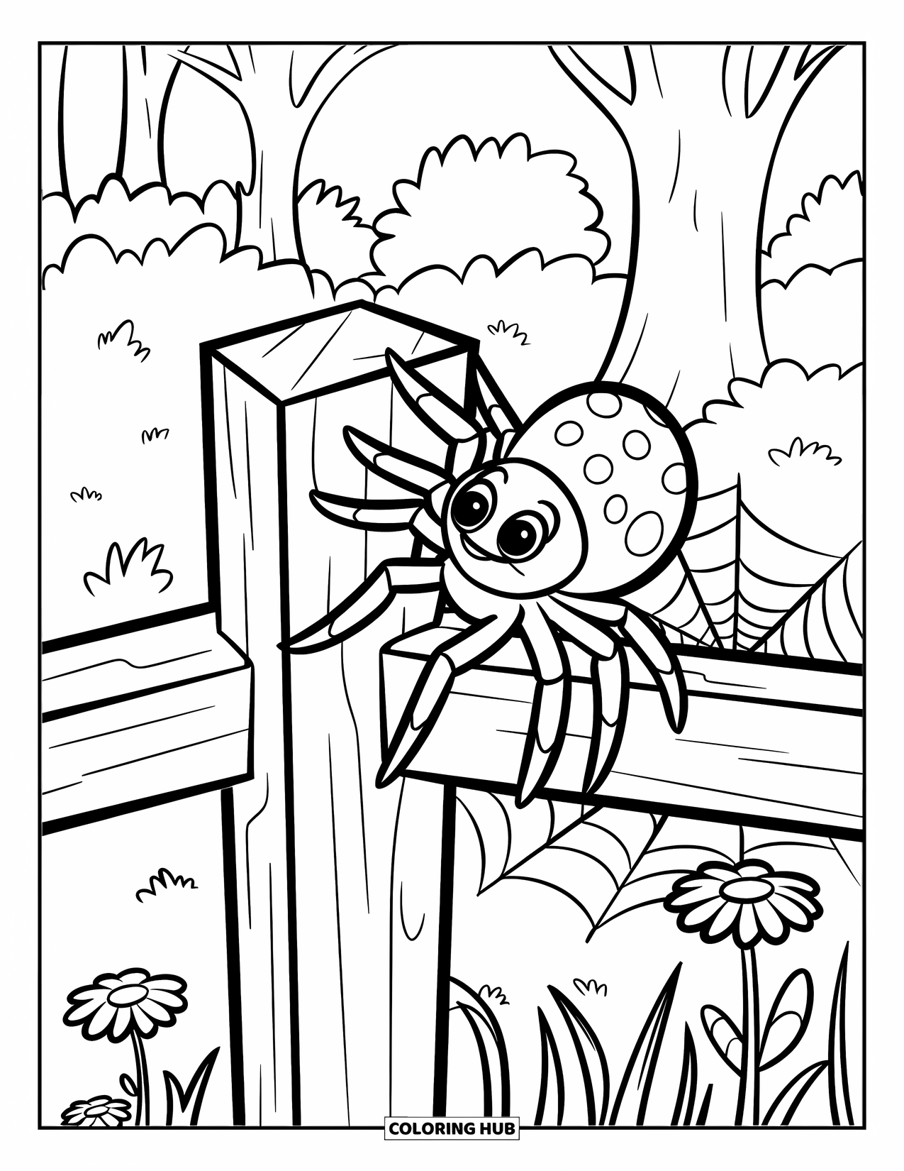 Spinnen-Ausmalbild für Kinder: Eine Gartenspinne klettert an einem Zaunpfosten mit einem Netz in der Nähe und Blumen herum