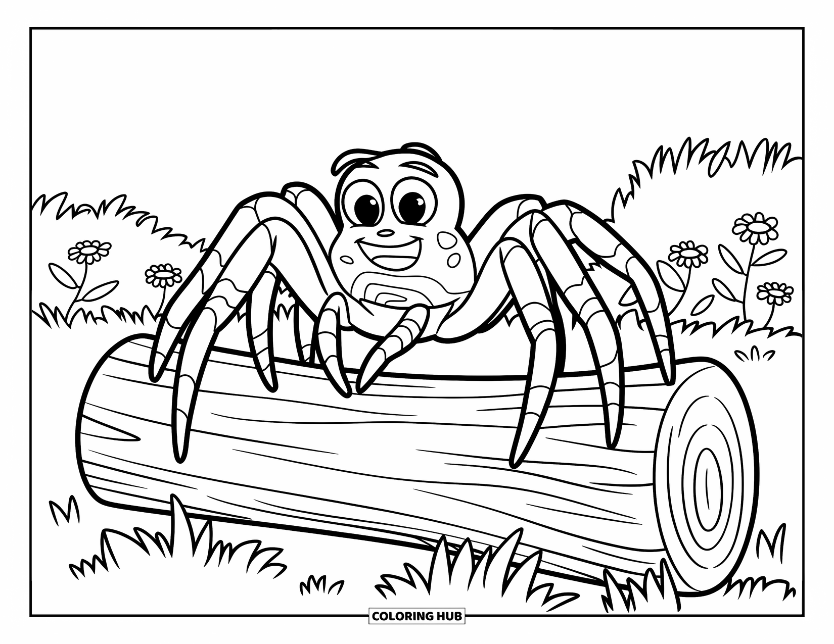 Spinnen-Ausmalbild für Kinder: Eine Gartenspinne sitzt auf einem Baumstamm, der von Blumen und weichem Gras umgeben ist