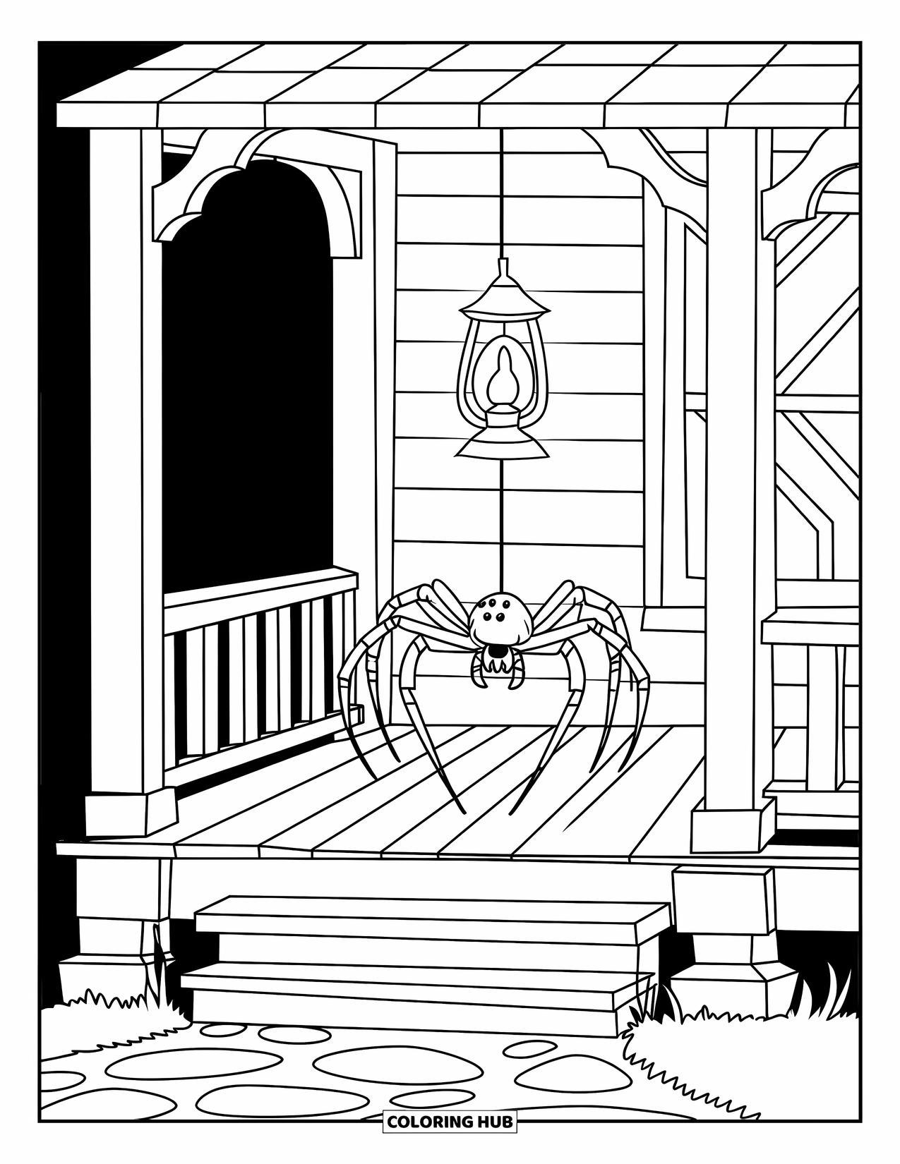 Spinnen-Ausmalbild für Kinder: Eine leuchtende Laterne beleuchtet eine Spinne, die in der ruhigen Nacht von einer Veranda hängt