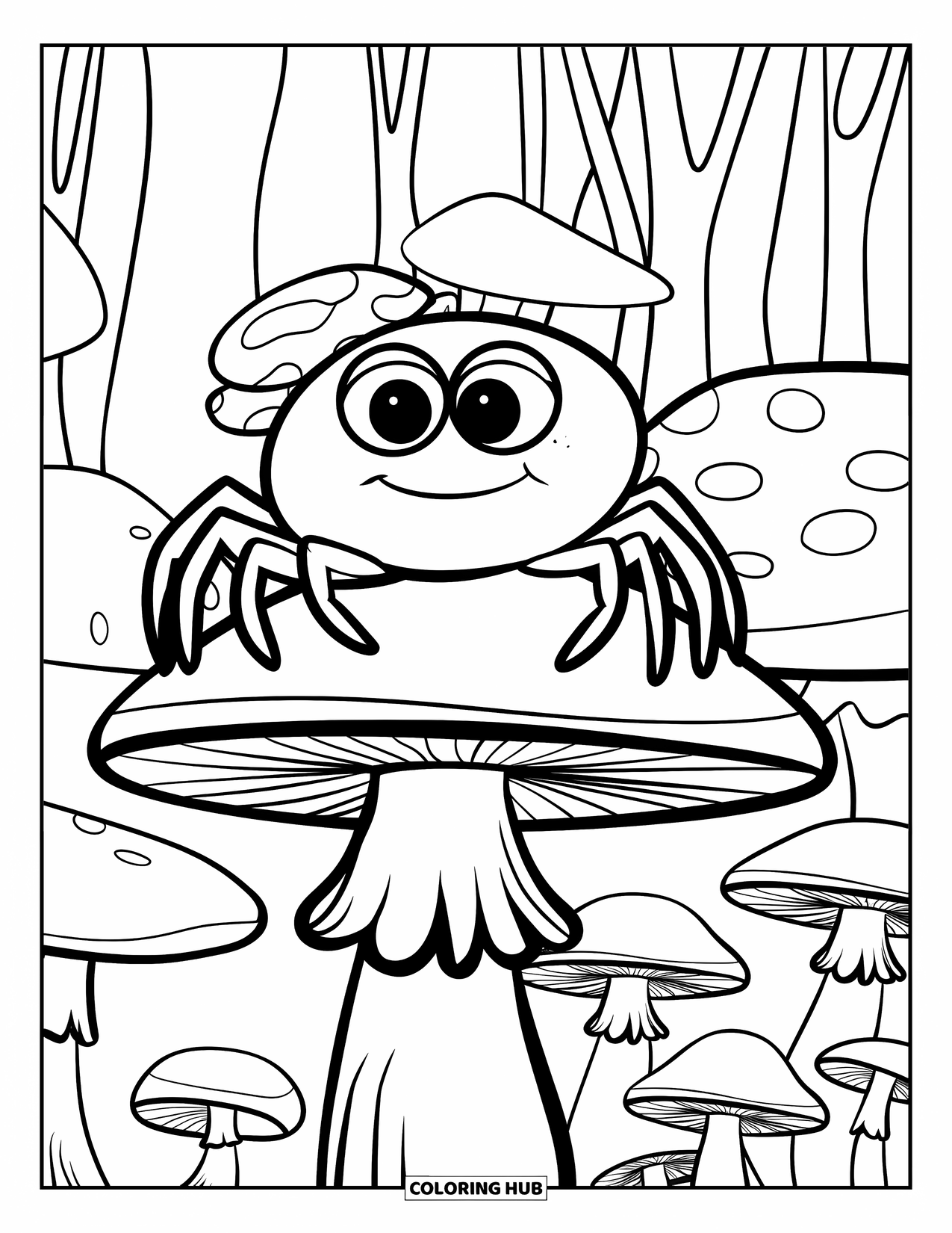 Spinnen-Ausmalbild für Kinder: Eine glückliche Spinne mit einem winzigen Hut ruht auf einem Pilz im Wald
