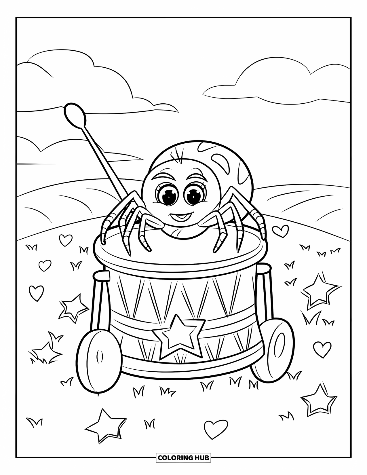 Spinnen-Ausmalbild für Kinder: Eine glückliche Spinne sitzt auf einer Spielzeugtrommel und hält einen Stock, umgeben von Herzen und Sternen
