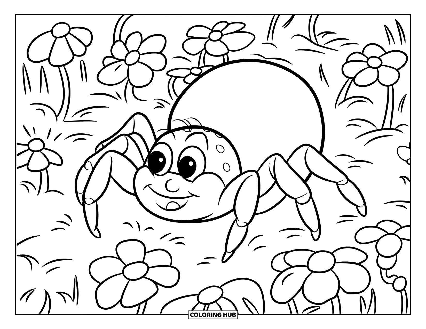 Spinnen-Ausmalbild für Kinder: Eine fröhliche Spinne mit stämmigen Beinen ruht auf Blumen aller Formen und Größen