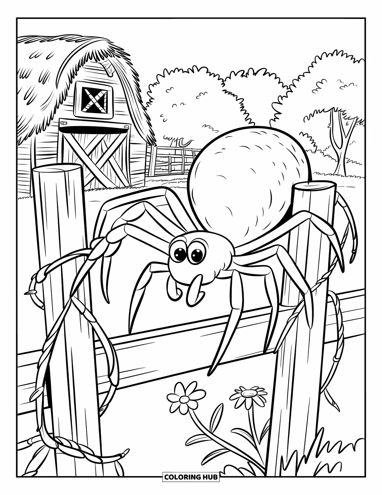 Spinnen-Ausmalbild für Kinder: Eine große Spinne spinnt Seide in der Nähe einer Scheune mit Blumen und Ranken am Zaun