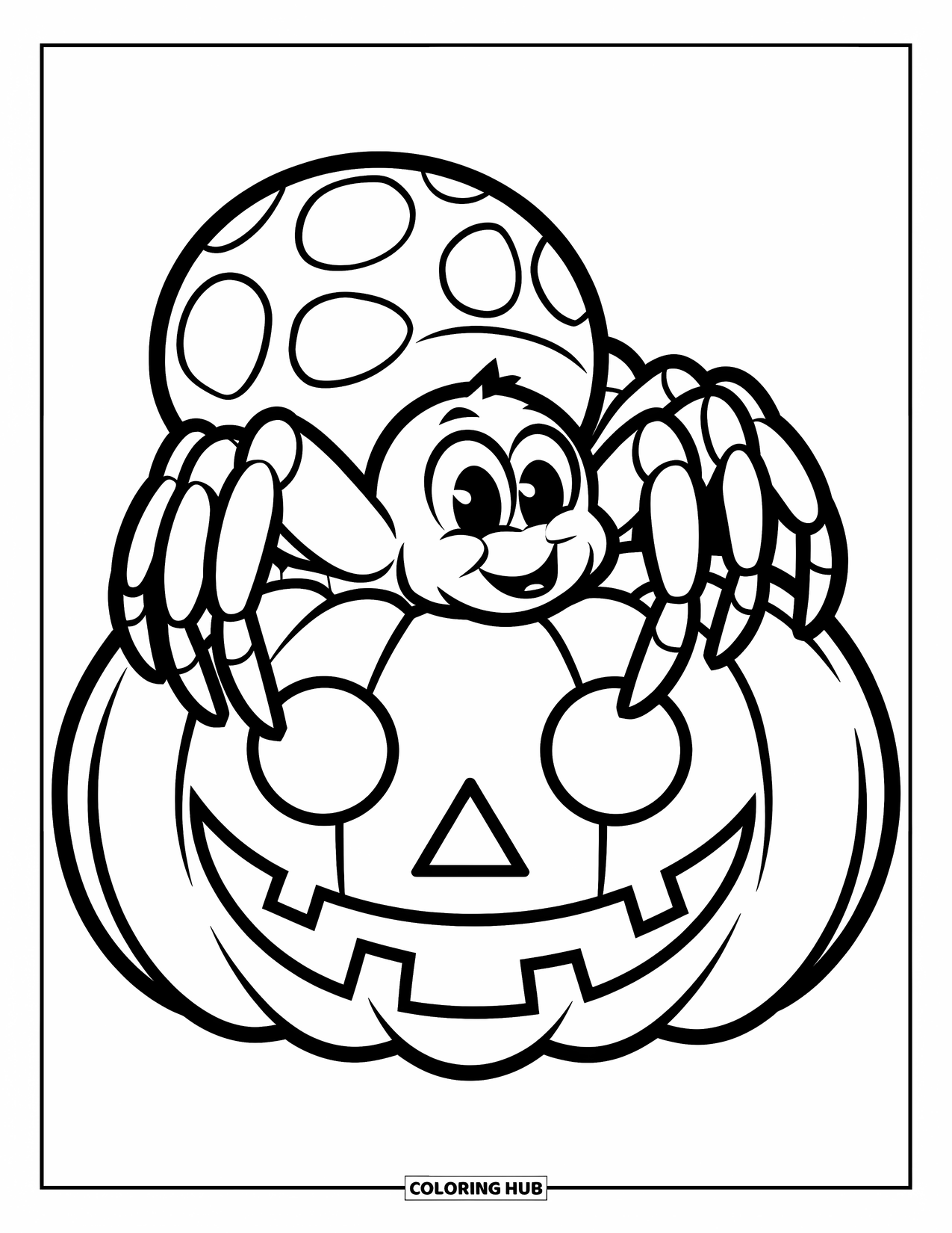 Spinnen-Ausmalbild für Kinder: Eine Spinne mit runden Augen klettert auf einen lächelnden Kürbis mit lustigen, verspielten Formen