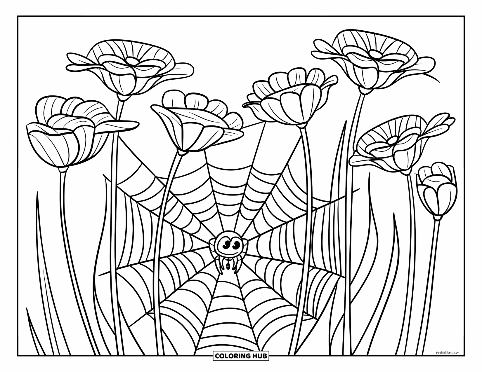 Spinnen-Ausmalbild für Kinder: Eine kleine Spinne spinnt ein zartes Netz zwischen hohen, dünnen Blumenstängeln