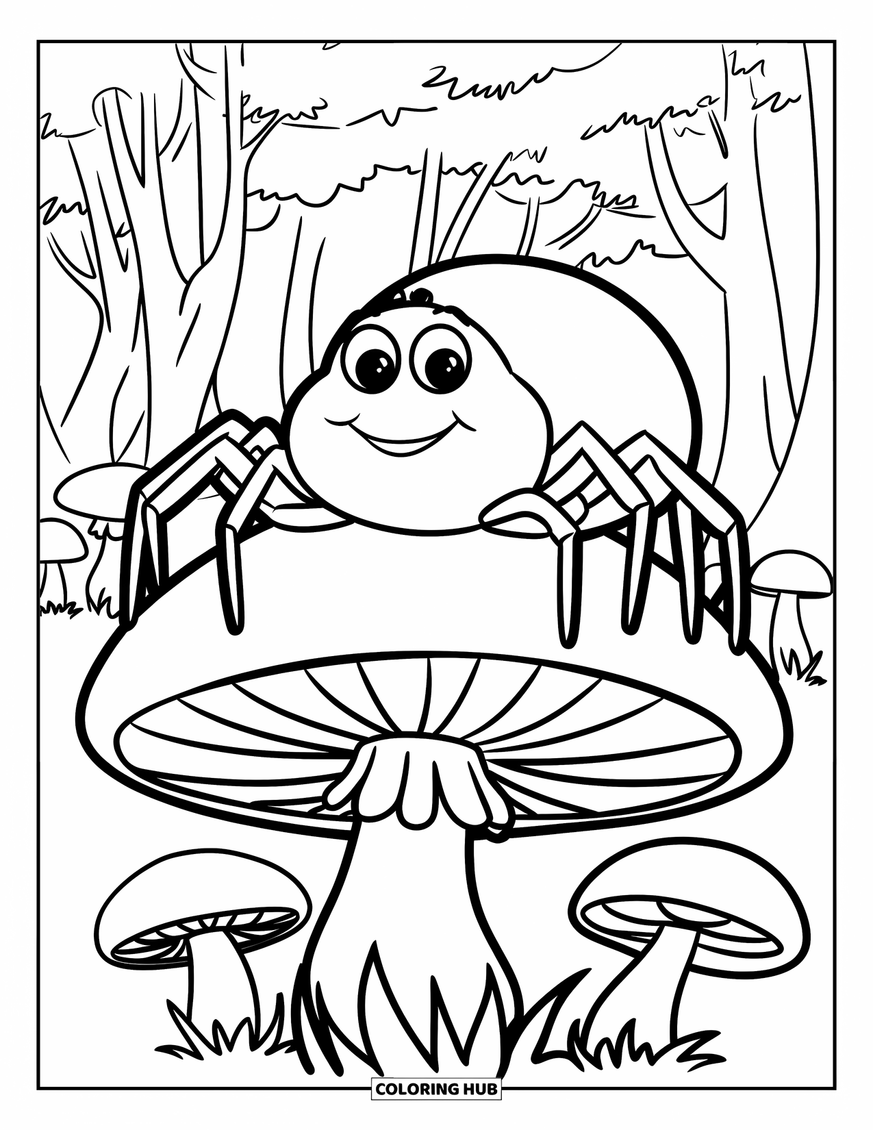 Spinnen-Ausmalbild für Kinder: Eine lächelnde Spinne mit großen Augen sitzt auf einem Pilz zwischen Waldbäumen