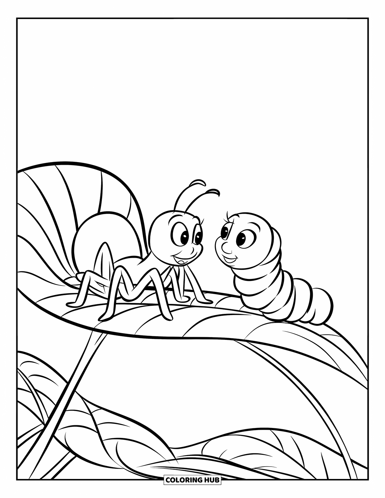 Spinnen-Ausmalbild für Kinder: Eine Spinne und eine Raupe stehen sich auf einem breiten Blatt gegenüber