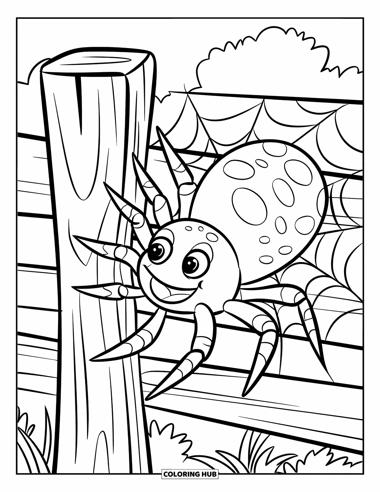 Spinnen-Ausmalbild für Kinder: Eine Spinne klettert an einem Gartenpfosten mit einem Netz in der Nähe und Pflanzen herum