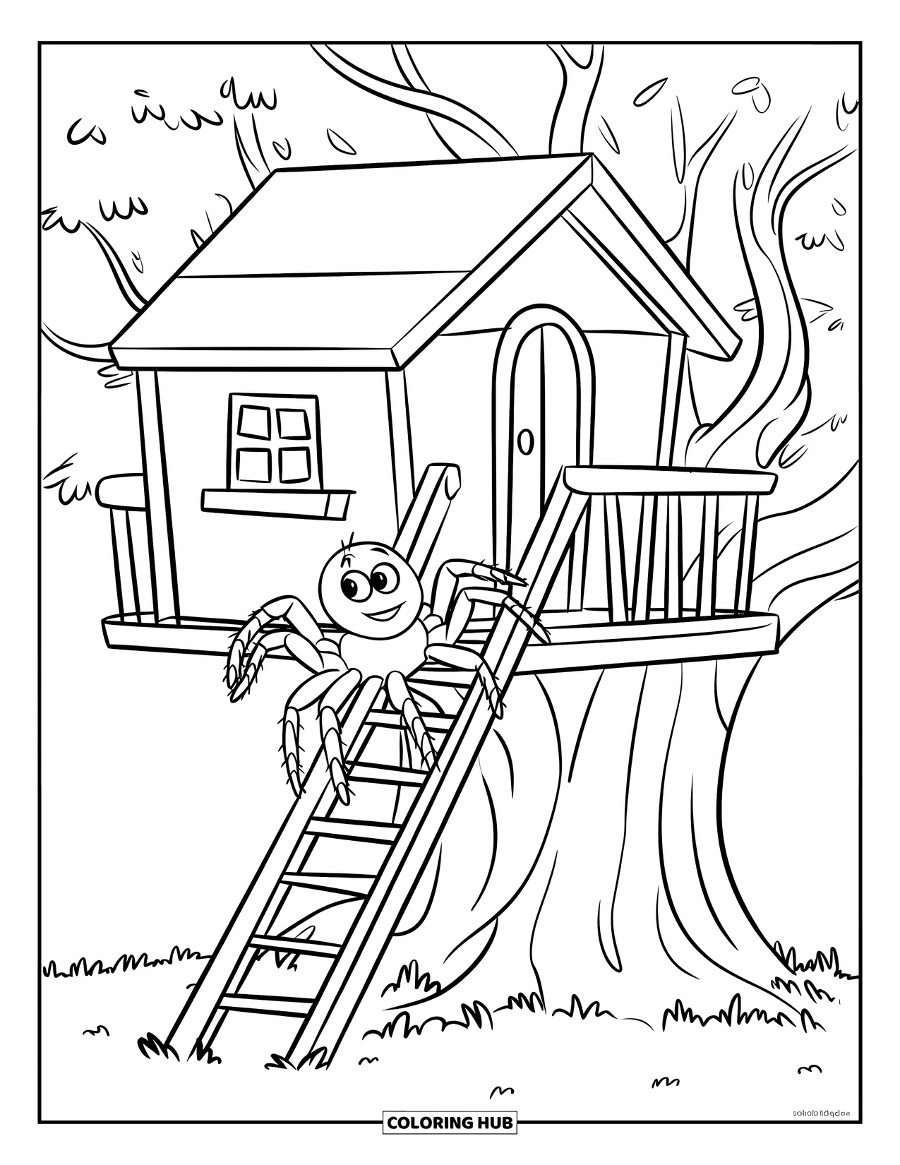 Spinnen-Ausmalbild für Kinder: Eine Spinne klettert auf ein kleines Baumhaus mit einer Tür, einem Fenster und einem belaubten Baum zu