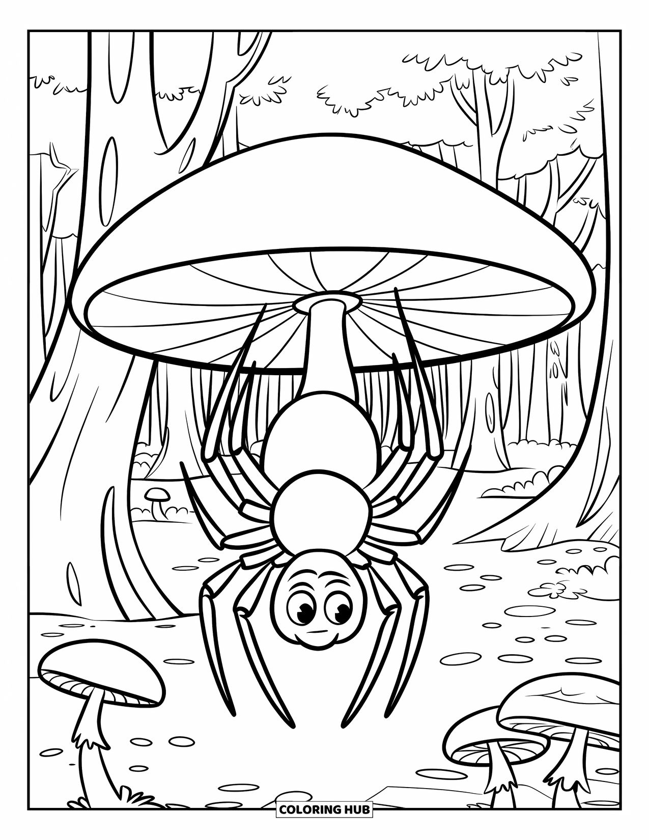 Spinnen-Ausmalbild für Kinder: Eine Spinne klammert sich unter einen Pilz mit Bäumen und kleineren Pilzen in der Nähe