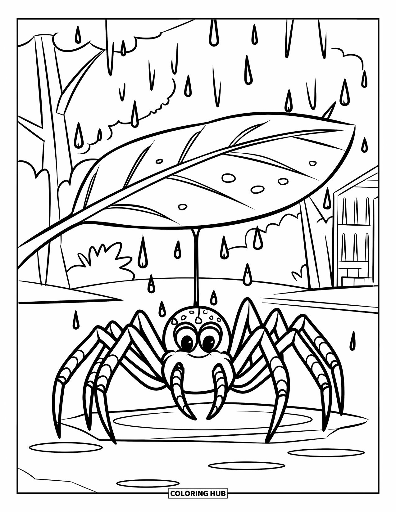 Spinnen-Ausmalbild für Kinder: Eine Spinne klammert sich an ein Netz unter einem Blatt mit Regentropfen und Bäumen in der Nähe