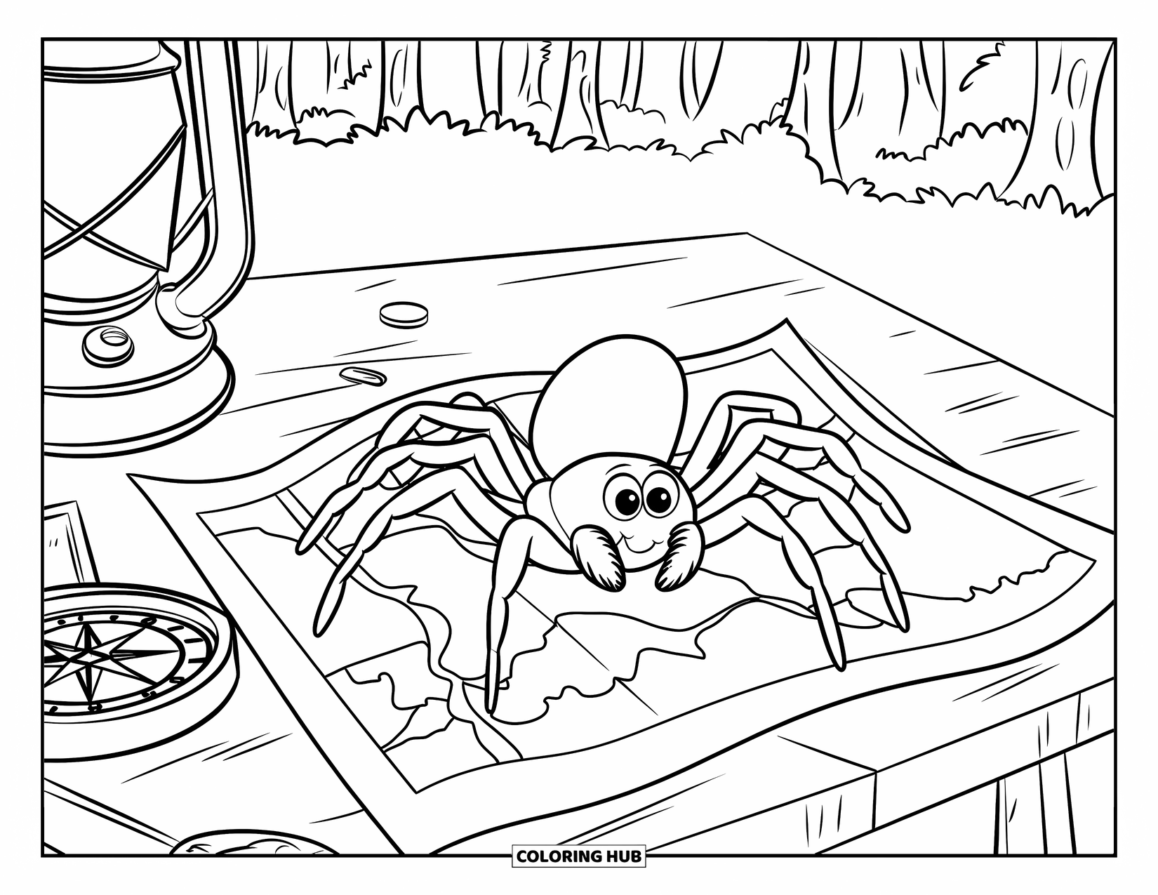 Spinnen-Ausmalbild für Kinder: Eine Spinne krabbelt über eine Karte auf einem Campingtisch voller Outdoor-Ausrüstung