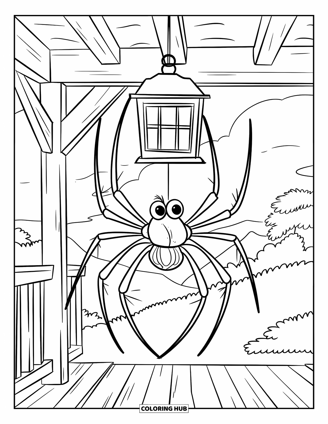 Spinnen-Ausmalbild für Kinder: Eine Spinne baumelt von einer Laterne über einer ruhigen Veranda mit Bäumen und Bergen
