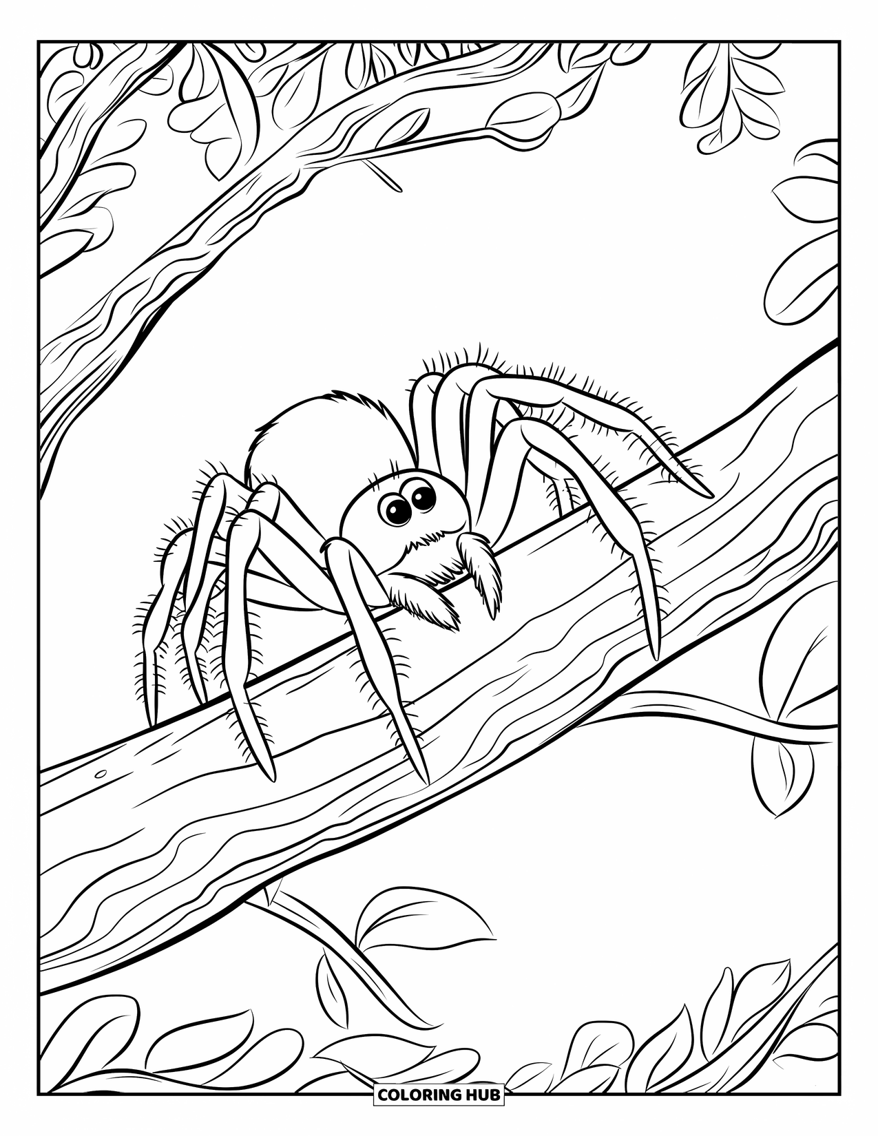 Spinnen-Ausmalbild für Kinder: Eine Spinne greift nach einem Ast mit rauer Rinde und weichen, geschichteten Blättern