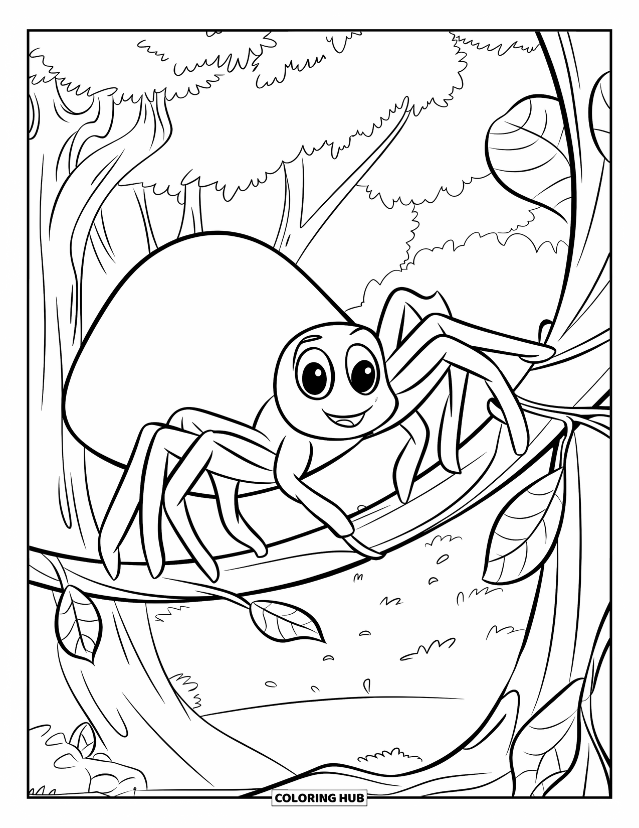 Spinnen-Ausmalbild für Kinder: Eine Spinne greift nach einer belaubten Ranke, die sich spiralförmig um einen hohen Baum im Wald windet