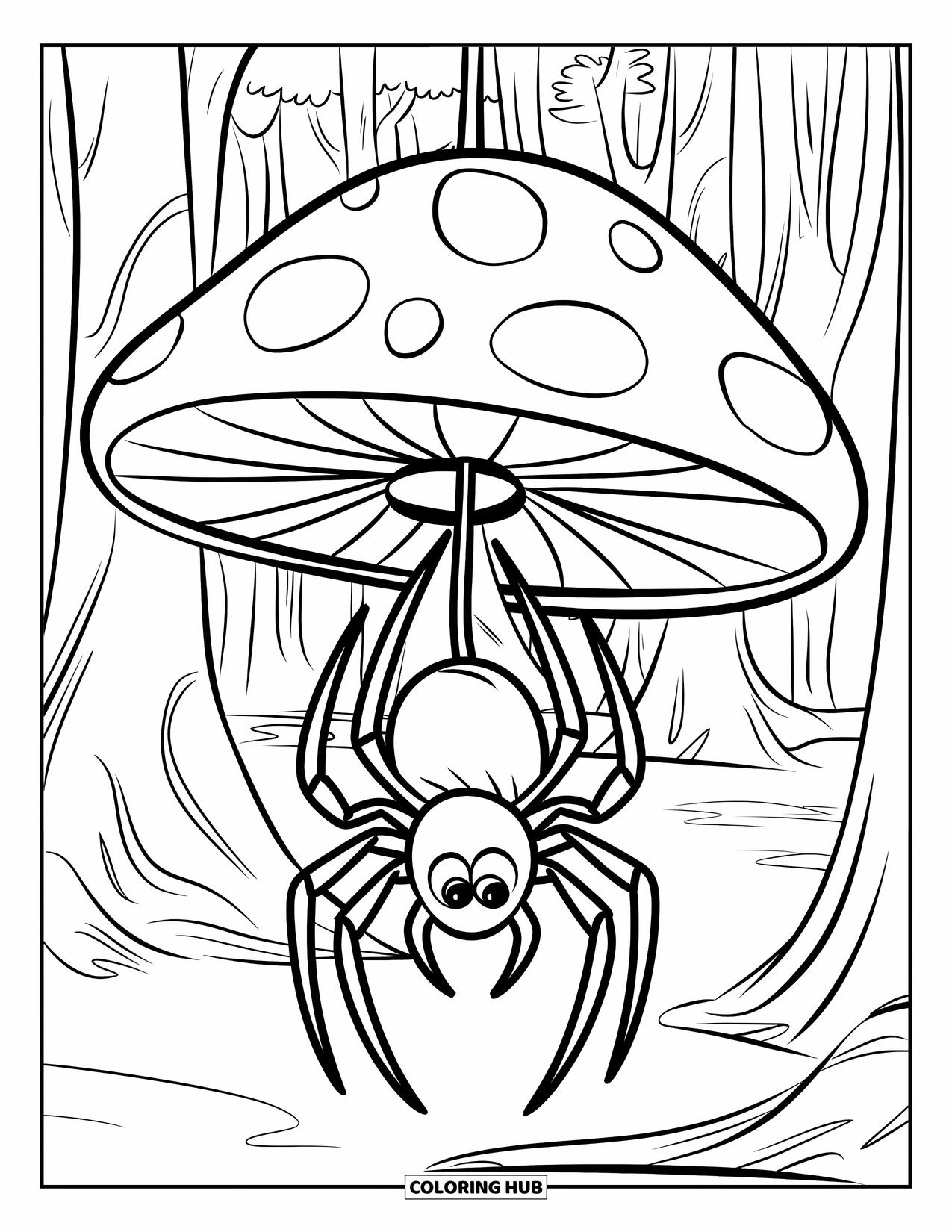 Spinnen-Ausmalbild für Kinder: Eine Spinne hängt unter einem Pilzhut in einem friedlichen Wald mit hohen Bäumen