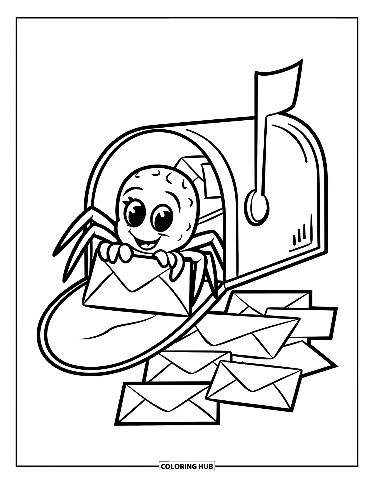 Spinnen-Ausmalbild für Kinder: Eine Spinne hält einen Brief in einem Briefkasten mit Umschlägen darunter