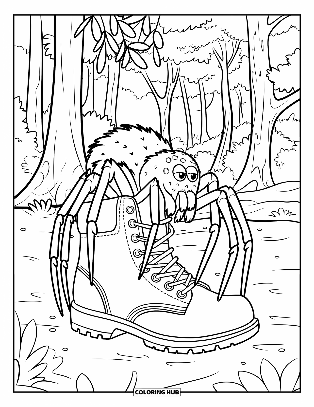 Spinnen-Ausmalbild für Kinder: Eine Spinne hält sich an einem Stiefel fest, der von Bäumen in einer friedlichen Waldszene umgeben ist