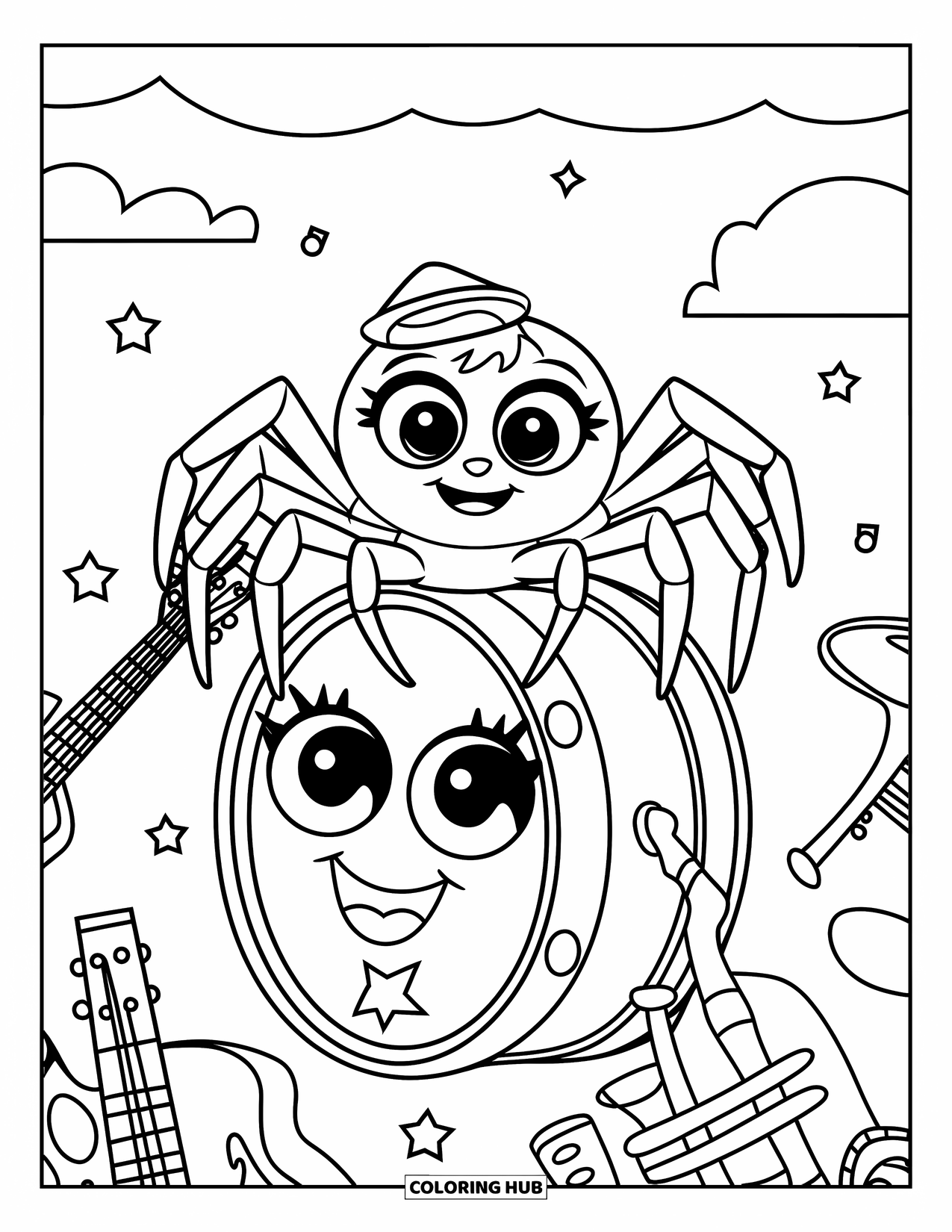 Spinnen-Ausmalbild für Kinder: Eine Spinne mit einem Hut spielt auf einer lächelnden Trommel mit Instrumenten und Wolken in der Nähe