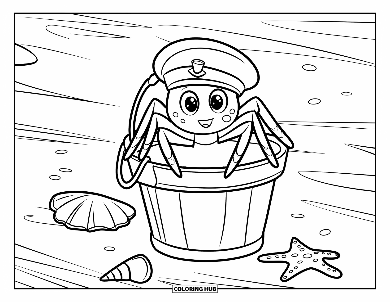 Spinnen-Ausmalbild für Kinder: Eine Spinne mit einem Matrosenhut ruht in einem Strandeimer mit Muscheln und einem Seestern