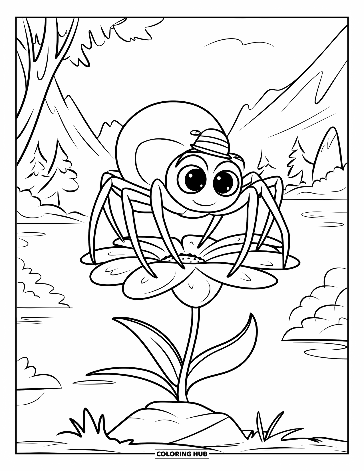 Spinnen-Ausmalbild für Kinder: Eine Spinne mit einem winzigen Hut balanciert auf einer Blume, die auf einem Felsen steht