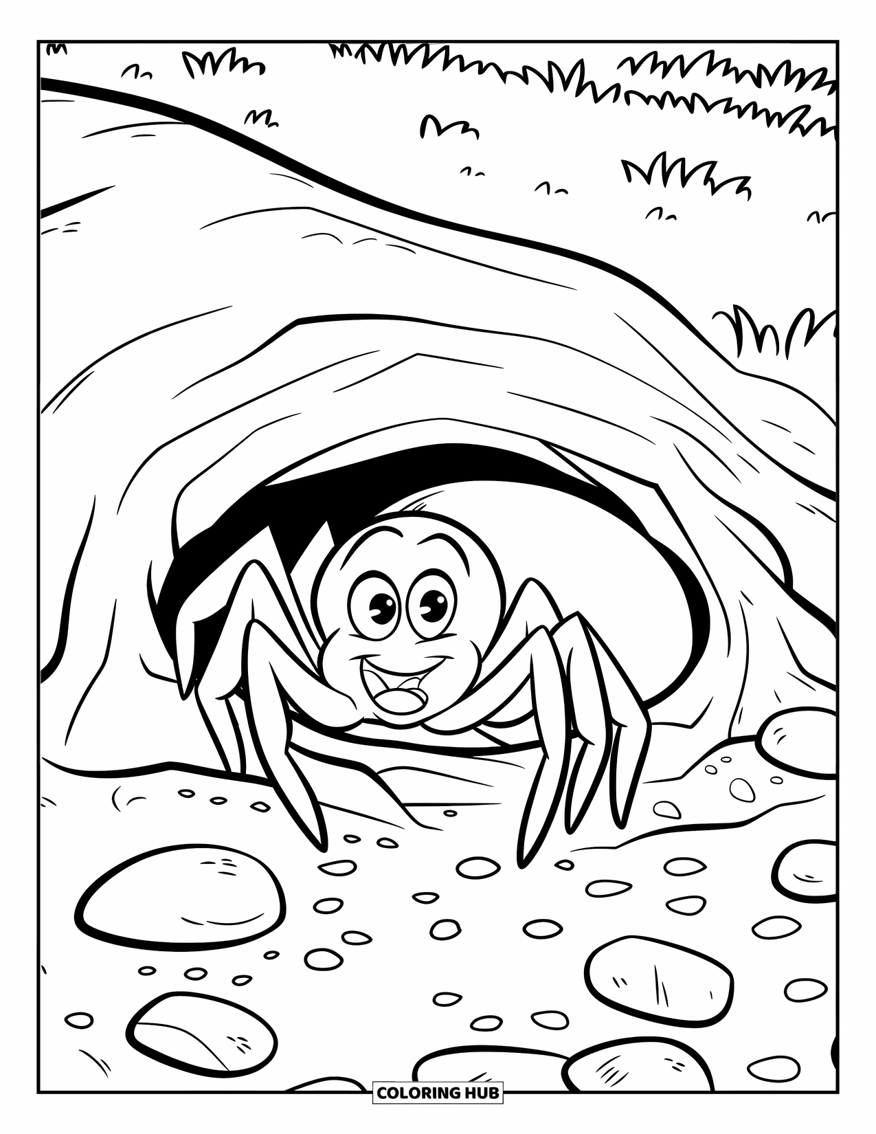 Spinnen-Ausmalbild für Kinder: Eine Spinne späht aus einem Bau hervor, der von verstreuten Kieselsteinen und Gras umgeben ist