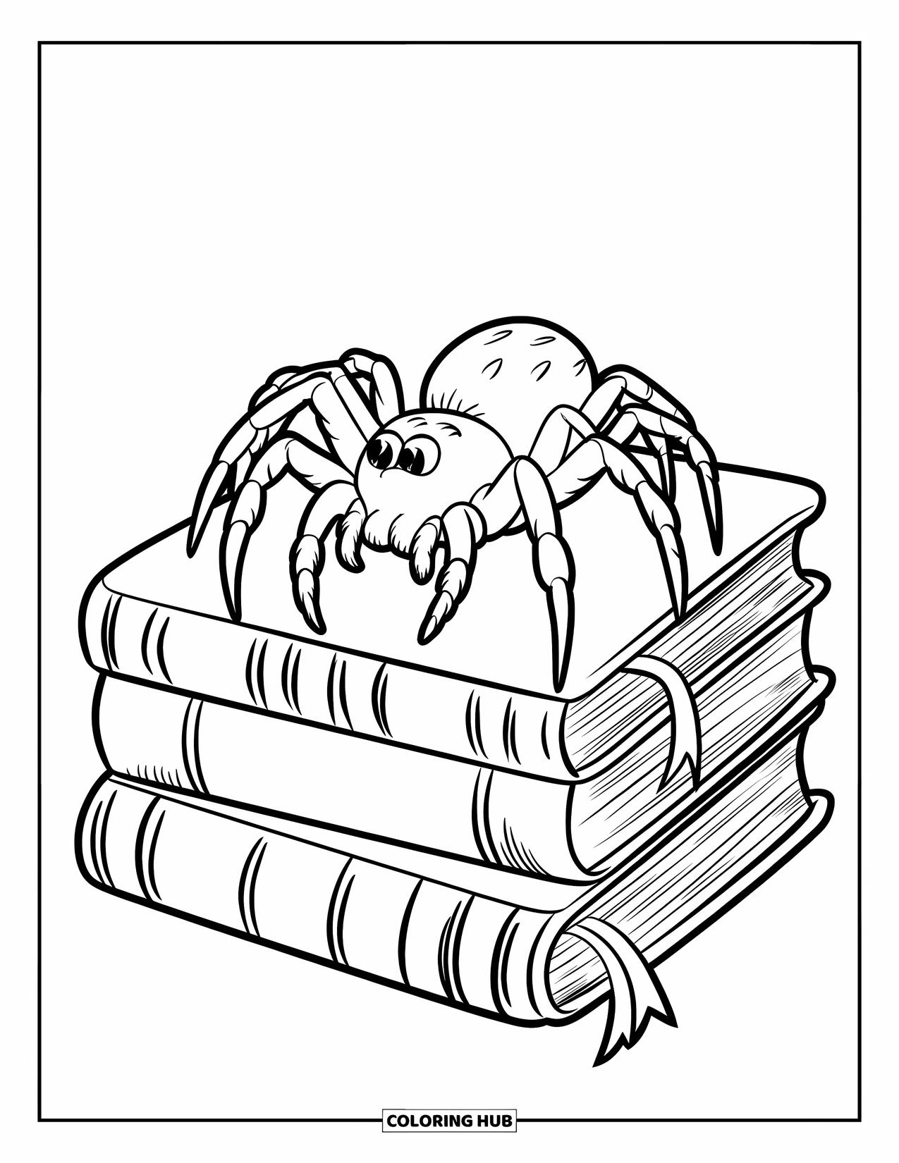 Spinnen-Ausmalbild für Kinder: Eine Spinne ruht auf einem Bücherstapel voller alter Seiten und winziger Lesezeichen