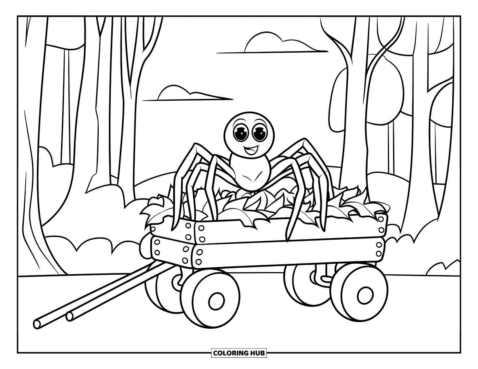 Spinnen-Ausmalbild für Kinder: Eine Spinne ruht auf einem mit Blättern gefüllten Wagen unter hohen Bäumen und einem offenen Himmel