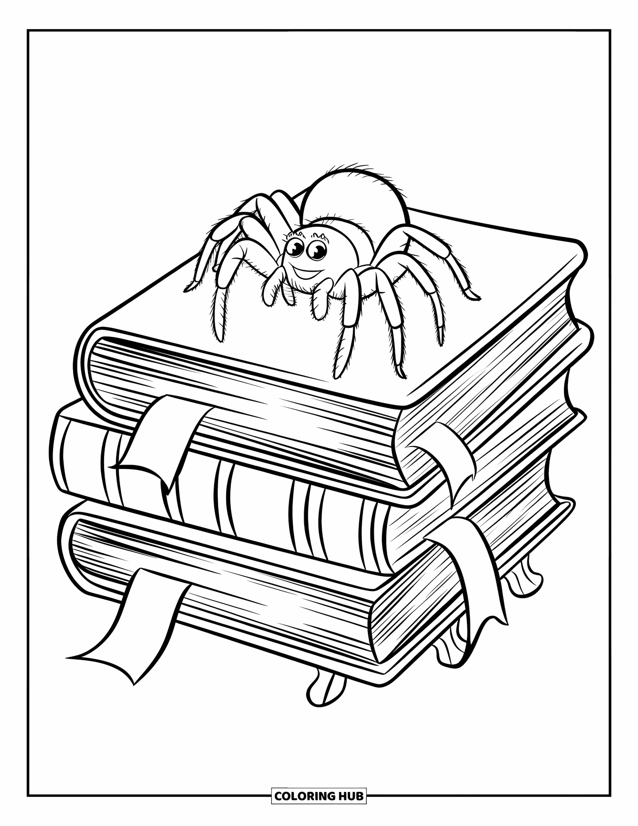 Spinnen-Ausmalbild für Kinder: Eine Spinne ruht auf einem Stapel alter Bücher mit gekräuselten Seiten