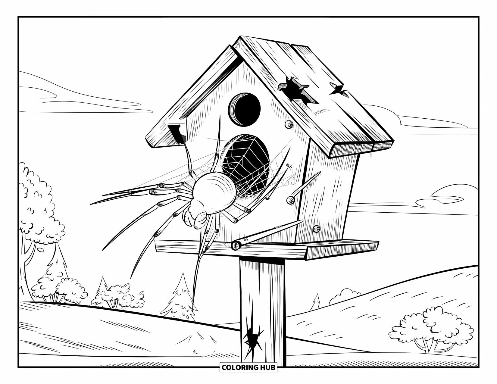 Spinnen-Ausmalbild für Kinder: Eine Spinne sitzt in einem ruhigen Vogelhaus auf einem hohen Pfosten mit Löchern und Rissen