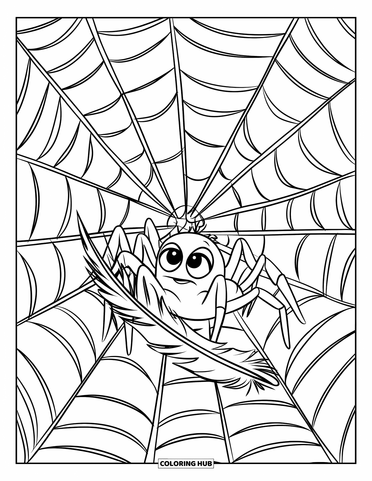 Spinnen-Ausmalbild für Kinder: Eine Spinne sitzt in ihrem Netz und zerrt an einer Feder, die in den Fäden steckt